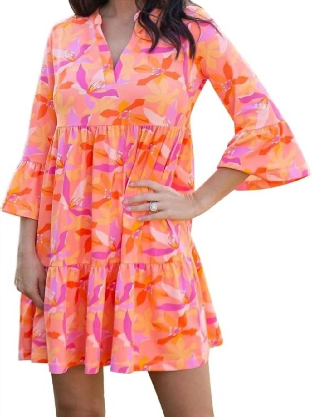 Mary Square Paradise Is Calling 3/4 Sleeve Mini Dress Orange Large V neck NWOT